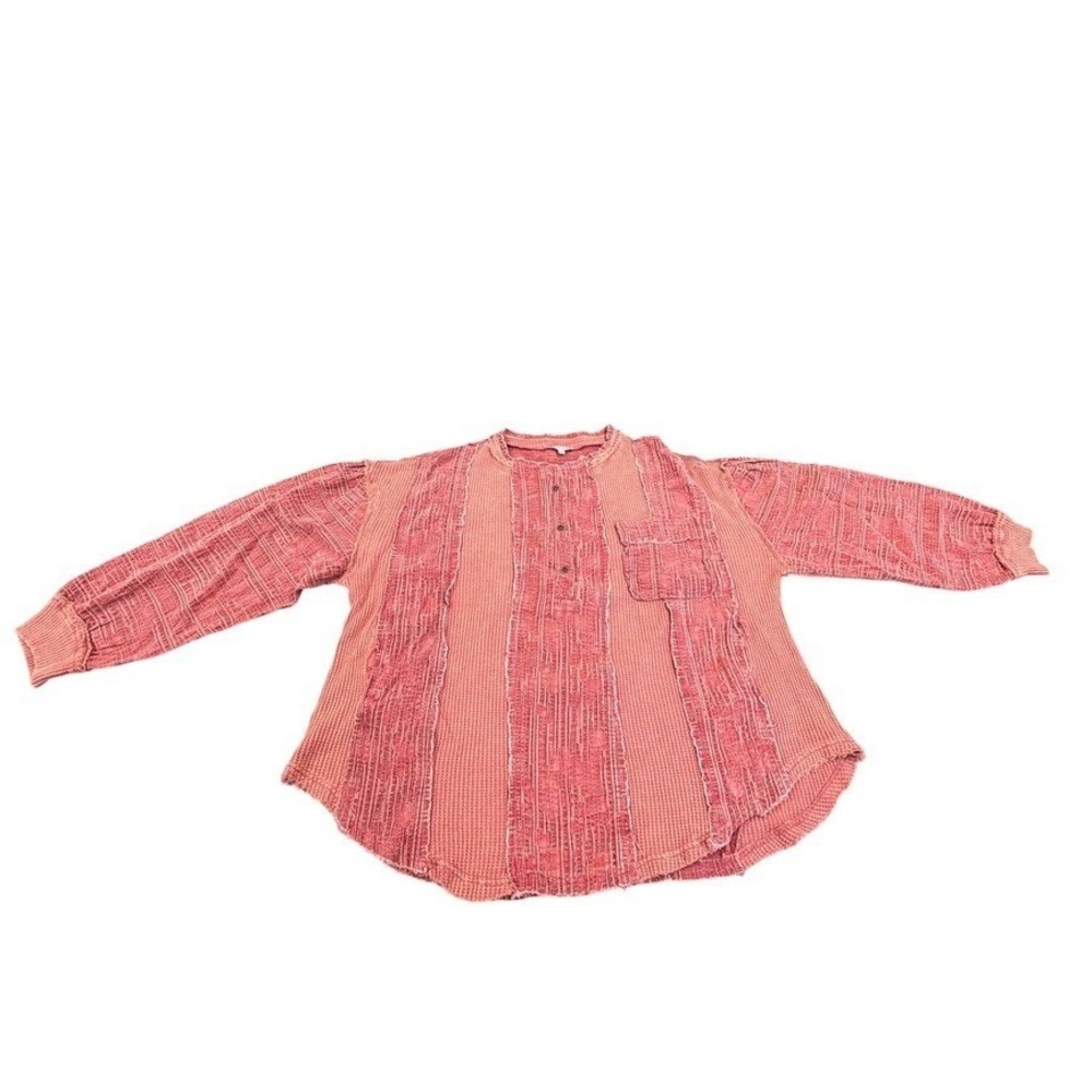 Oli & Hali Womens Coral Pink Mixed Media Waffle Knit Boho Top Size M Oversized